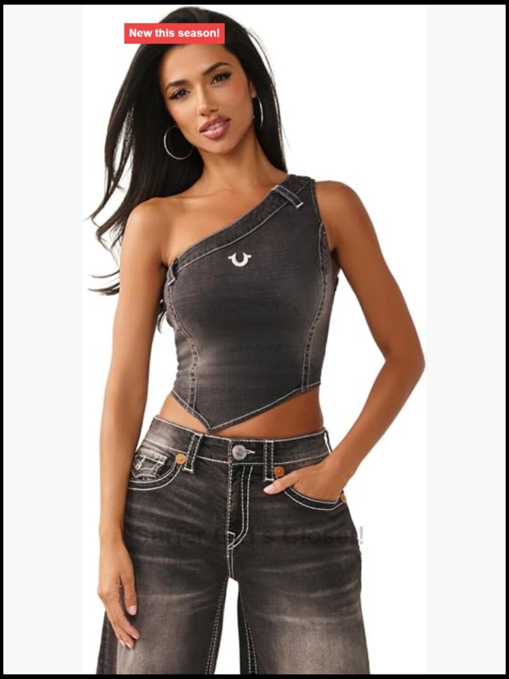Off-Shoulder Crop Top with Bling Logo, Asymmetric Hemline, Cotton Blend